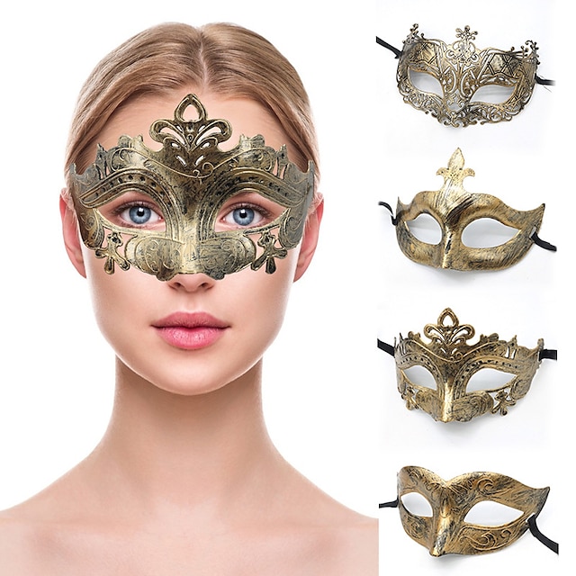  Masque de fête de bal d'halloween, masque à tête plate rétro prince, demi-masque en bronze antique, noir décoratif pour hommes et femmes