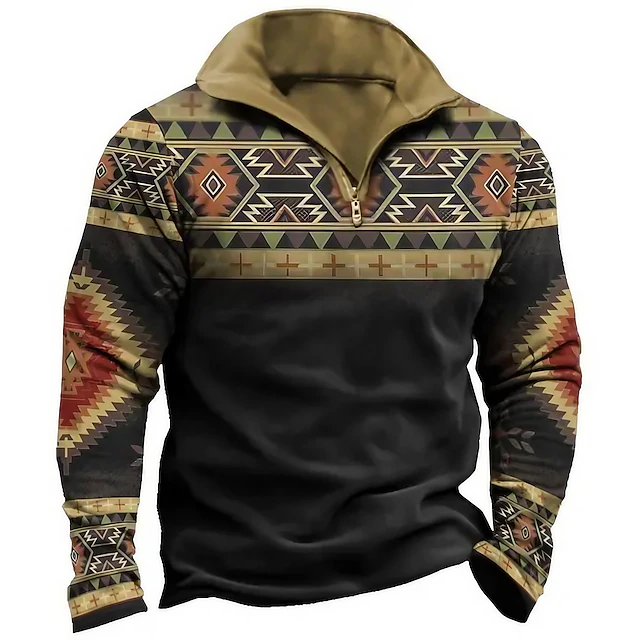 Men's Tribal Geometry Zip Polo Long Sleeve Polo Shirts Turndown Zip Vintage Outdoor Casual Daily Streetwear 3D Print Fall & Winter Black2