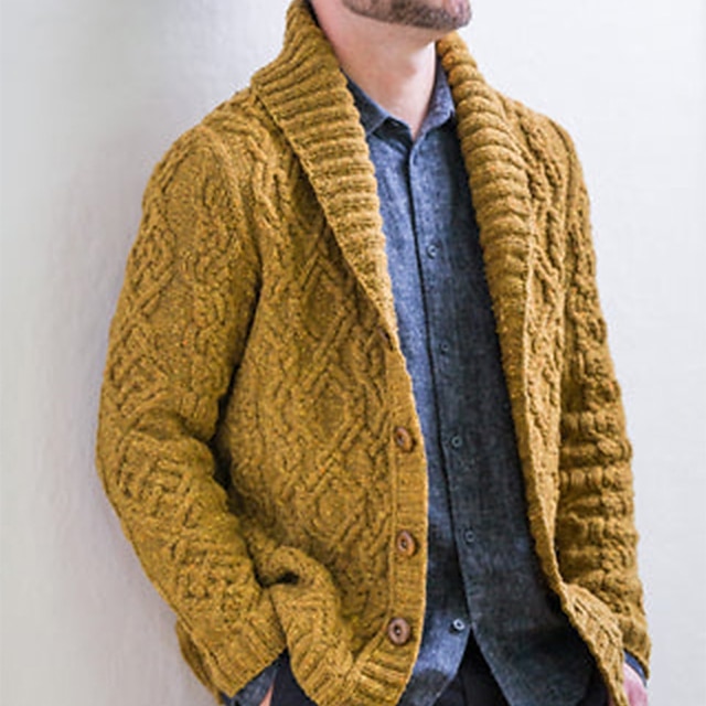  Men's Sweater Cardigan Sweater Cable Knit Knitted Regular Shawl Collar Plain Daily Wear Going out Warm Ups Modern Contemporary Clothing Apparel Winter Yellow Coffee M L XL