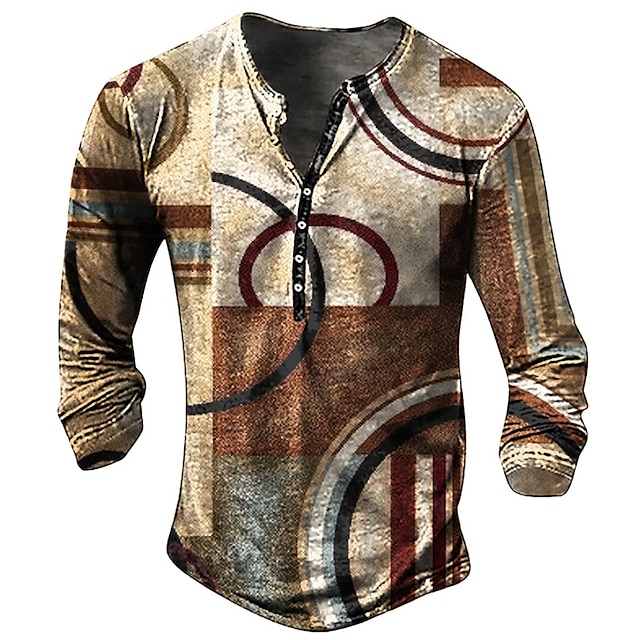  Graphic Geometic Line Fashion Daily Casual 3D Print Men's Casual Holiday Going out Henley Shirt T shirt Blue Brown Khaki Henley Long Sleeve Shirt Spring &  Fall Clothing Apparel S M L XL 2XL 3XL 4XL