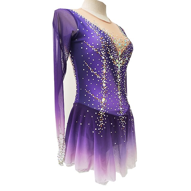 Figure Skating Dress Women's Girls' Dancewear Halo Dyeing High Elasticity Crystal/Rhinestone Long Sleeve Ice Skating Dress
