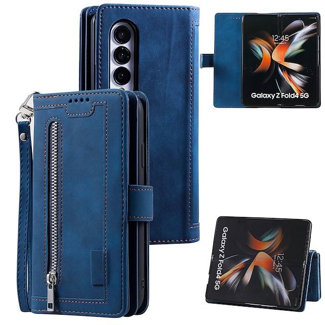  Handy Hülle Handyhüllen Für Samsung Galaxy Z Fold 5 Z Fold 4 Z Fold 3 Brieftasche Kartenetui mit Halterung Magnetisch Reisverschluss Retro TPU Metall PU-Leder