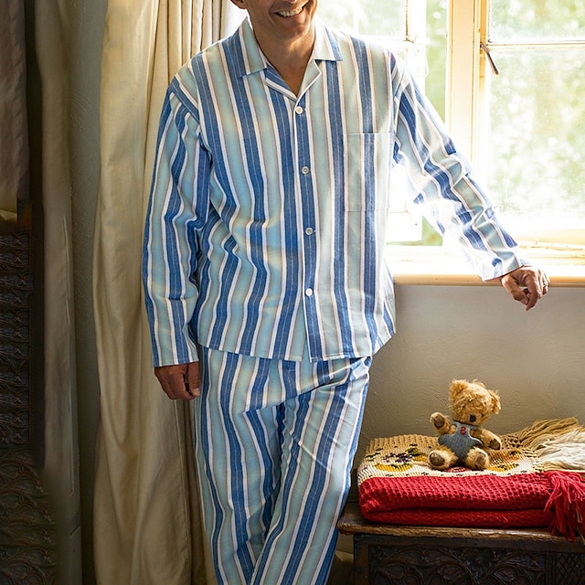  Men's Loungewear Sleepwear Pajama Set Pajama Top and Pant 2 Pieces Stripe Stylish Casual Comfort Home Daily Cotton Blend Comfort Lapel Long Sleeve Shirt Pant Drawstring Elastic Waist Summer Spring