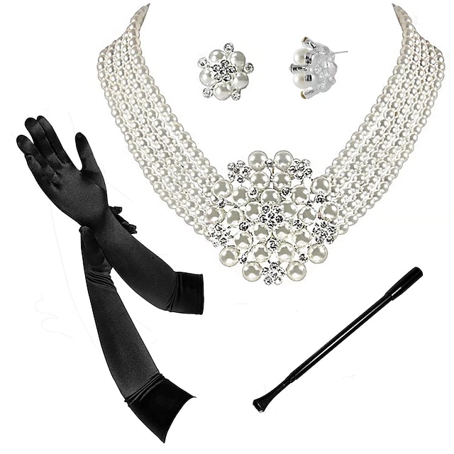  Rétro Vintage 1920s Gatsby le magnifique Ensemble d'accessoires Collier Boucles d'Oreille Charleston Femme Mascarade Festival Gants