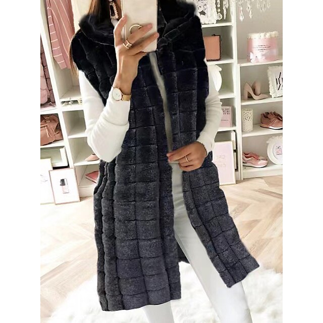  Women's Winter Coat Vest Faux Fur Coat Street Daily Wear Vacation Going out Windproof Warm Zipper Patchwork Street Style Hoodie Regular Fit Solid Color Outerwear Fall Winter Sleeveless Black White