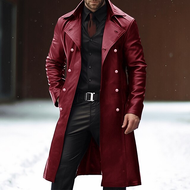  Men's Winter Coat Peacoat Faux Leather Jacket Trench Coat Office & Career Daily Wear PU Winter Thermal Warm Windproof Outerwear Clothing Apparel Fashion Warm Ups Pocket Plain Single Breasted Lapel