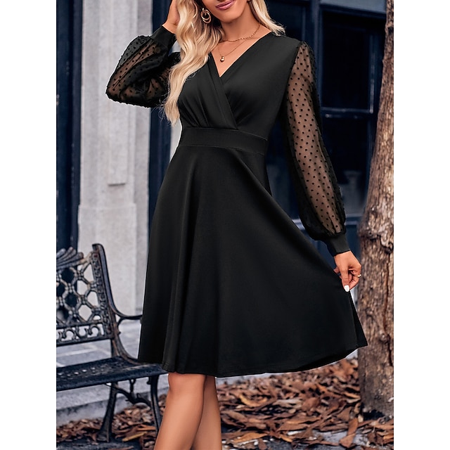  Women's Casual Dress Plain Dress Ruched Patchwork Midi Dress Active Fashion Daily Date Vacation Long Sleeve V Neck Slim 2023 Black Brown Green Color S M L XL Size
