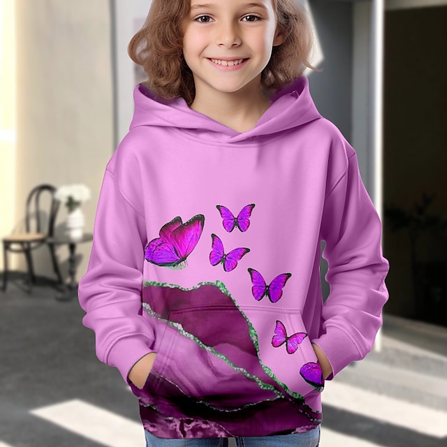  Lány 3D Pillangó Kapucnis felsőrész Pullover Hosszú ujj 3D nyomtatás Ősz Tél Aktív Divat aranyos stílus Poliészter Gyerekek 3-12 év Szabadtéri Hétköznapi Napi Normál