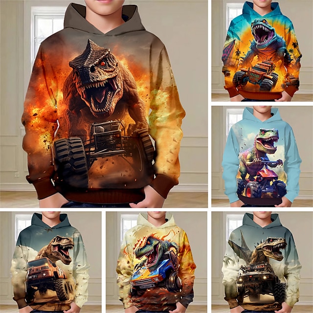  Pojkar 3D Dinosaurie Huvtröja Pullover Långärmad 3D-tryck Höst Vinter Mode Streetwear Häftig Polyester Barn 3-12 år Utomhus Ledigt Dagligen Normal