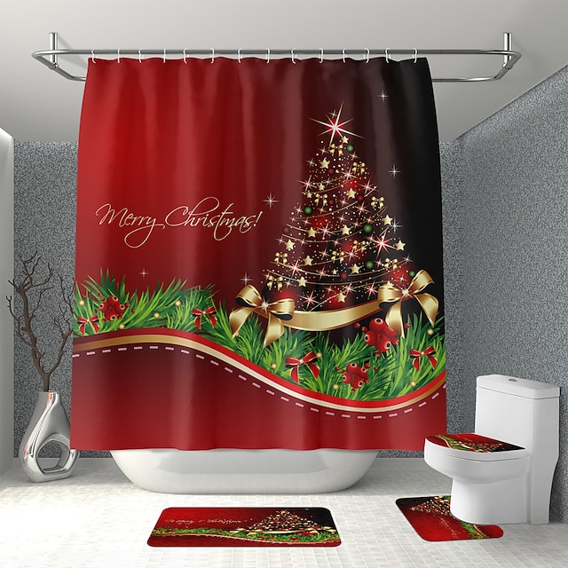  Weihnachtsdekoration, Duschvorhang mit Haken, Badezimmer-Dekor, wasserdichtes Stoff-Duschvorhang-Set (4 Stück, inklusive U-förmigem Teppich, WC-Deckelbezug, Badematte, 180 x 180 cm Duschvorhang).