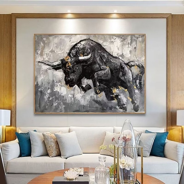  Картина маслом ручной работы, холст, настенное художественное оформление, черно-белый абстрактный стиль, животное, бык для домашнего декора, рулонная бескаркасная нерастянутая картина