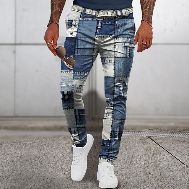  modello patchwork geometria scozzese pantaloni da lavoro da uomo stampati in 3D pantaloni eleganti vestibilità classica pantaloni anteriori piatti blu navy vita media abbigliamento da strada per esterni dalla s alla 3xl