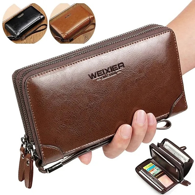  äkta ko polerat läder handväska företag lång plånbok herr dubbla dragkedjor plånbok billfold mobiltelefonväska med avtagbar armband