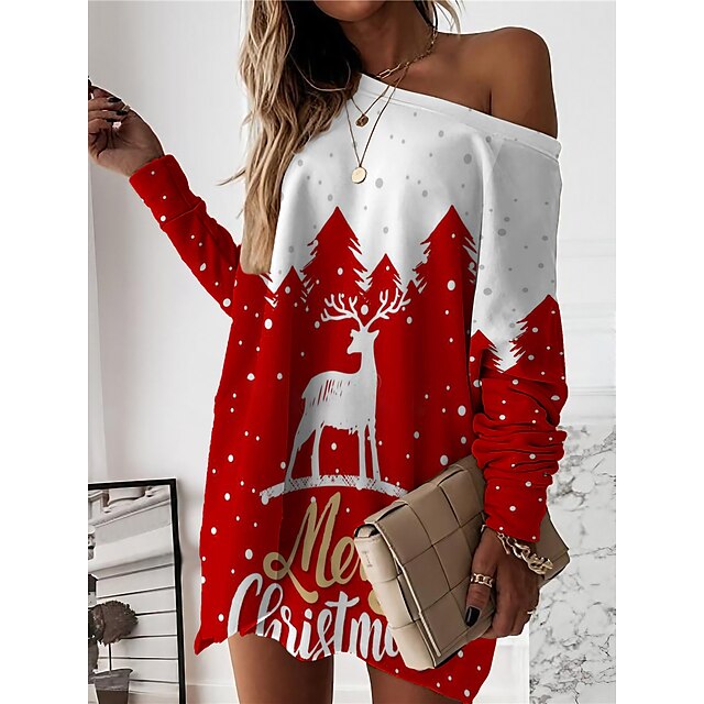 Women's Casual Dress Sweatshirt Dress Warm Fashion Mini Dress Crew Neck Outdoor Christmas Holiday Animal Snowman Print Loose Fit White Red Burgundy S M L XL XXL