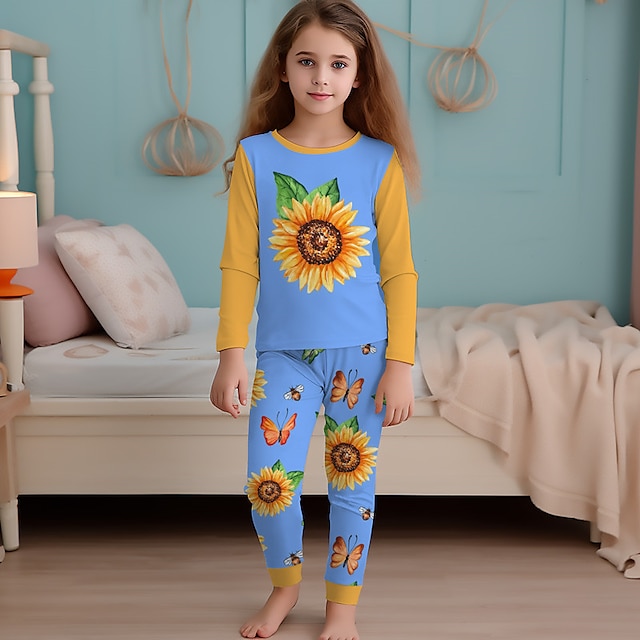  Fete 3D Floarea Soarelui Set pijama Manșon Lung Tipărire 3D Toamnă Iarnă Activ Modă Drăguţ Poliester Copii 3-12 ani Stil Nautic Casă Casual Interior Fit regulat