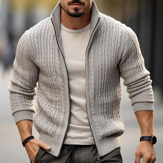 Men's Sweater Cardigan Sweater Cardigan Zip Sweater Cropped Sweater Ribbed Knit Regular Knitted Plain Stand Collar Warm Ups Modern Contemporary Daily Wear Going out Clothing Apparel Winter Black Gray3