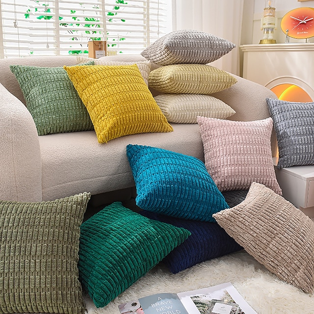  Coussins décoratifs en velours côtelé, housse de coussin pour canapé, grande bande de graisse, taie d'oreiller rayée de couleur unie, 1 pièce, bleu, vert sauge, violet, jaune