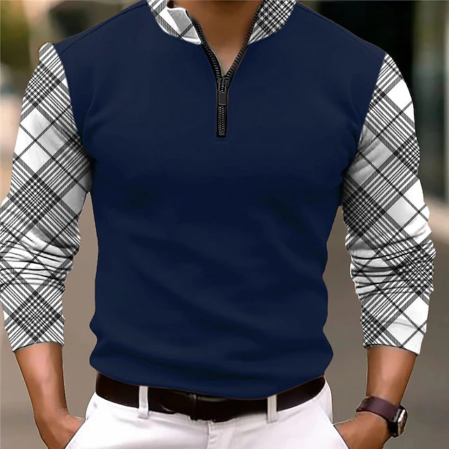 Men's Plaid Zip Polo Golf Polos Shirts Long Sleeve Polo Shirts Zip Business Outdoor Casual Daily Streetwear 3D Print Fall & Winter Black White Dark Navy3