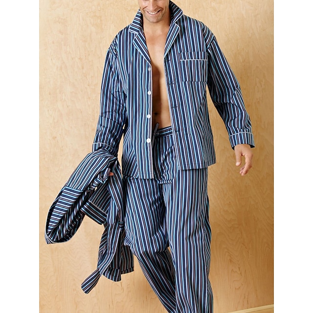  Herr Vardagsklädsel Sovkläder Pyjamas set Pyjamastopp och byxa 2 delar Rand Stylish Ledigt Komfort Hem Dagligen Polyester Komfort Kavajslag Långärmad Skjorta Byxa Snörning Elastisk midja Vår Höst