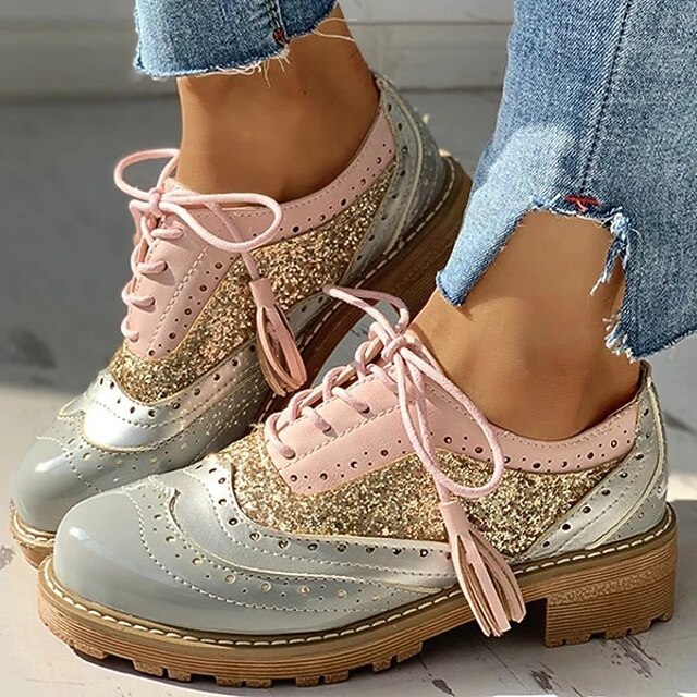 Women's Pink and Gray Glitter Wingtip Oxford Shoes with Chunky Sole - Stylish Lace-Up Brogues for Casual and Statement Outfits 10