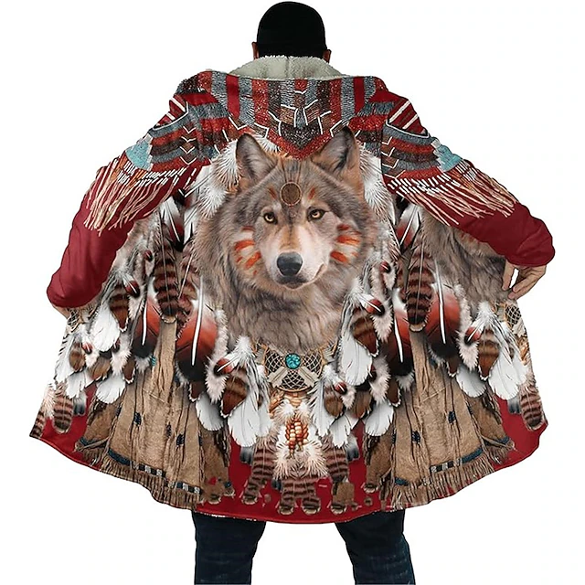 Men's Wolf Winter Coat Fleece Jacket Coat Comfortable Warm Breathable Vintage Abstract Sports & Outdoor Daily Wear Going out Zipper Pocket Print Fall & Winter Hoodie Long Sleeve Burgundy2