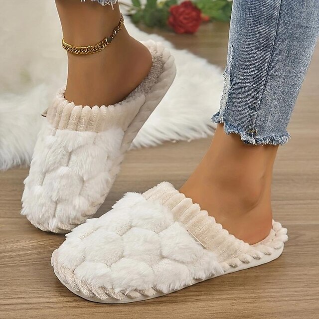 Women's Pink Fuzzy Slippers, Cozy Indoor House Shoes with Knitted Upper ...