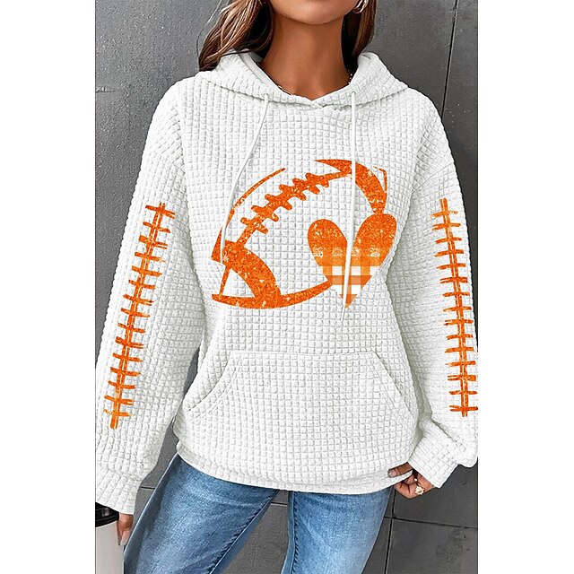  Women's Hoodie Sweatshirt Pullover Active Sportswear Textured Drawstring Front Pocket White Football Casual Sports Hoodie Top Long Sleeve Fall & Winter Micro-elastic