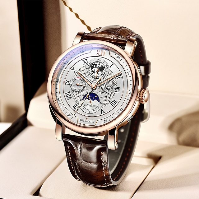  LIGE Muži mechanické hodinky Velký ciferník Módní Obchodní Wristwatch Tourbillon Zobrazení fáze měsíce Kalendář Chronograf Kožený řemínek Hodinky