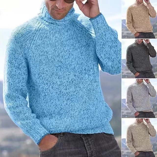  Men's Pullover Sweater Jumper Jumper Ribbed Knit Knitted Chunky Regular Turtleneck Plain Work Daily Wear Modern Contemporary Clothing Apparel Raglan Sleeves Winter Blue Khaki M L XL