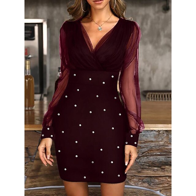  Women's Mini Dress Party Dress Cocktail Dress Bodycon Black Wine Blue Pure Color Long Sleeve Fall Winter Autumn Ruched Fashion V Neck Vacation 2023 S M L XL XXL