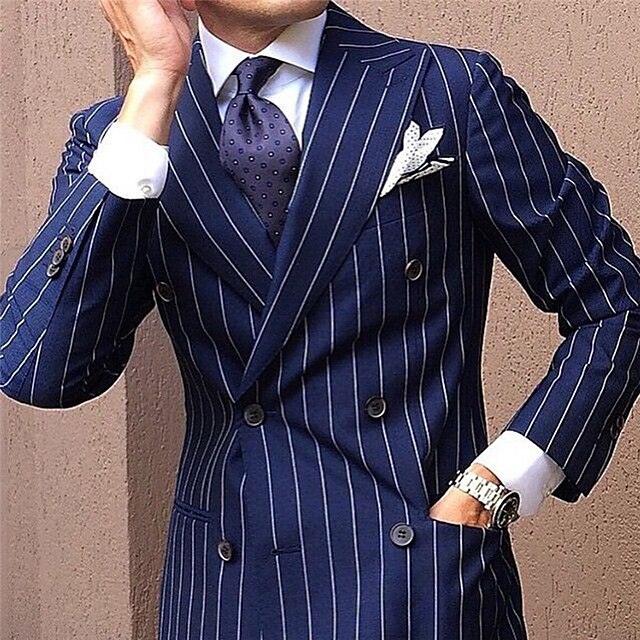  Men's Suits Blazer Formal Evening Wedding Party Party & Evening Spring &  Fall Fashion Casual Stripes Polyester Casual / Daily Pocket Double Breasted Blazer Blue Green