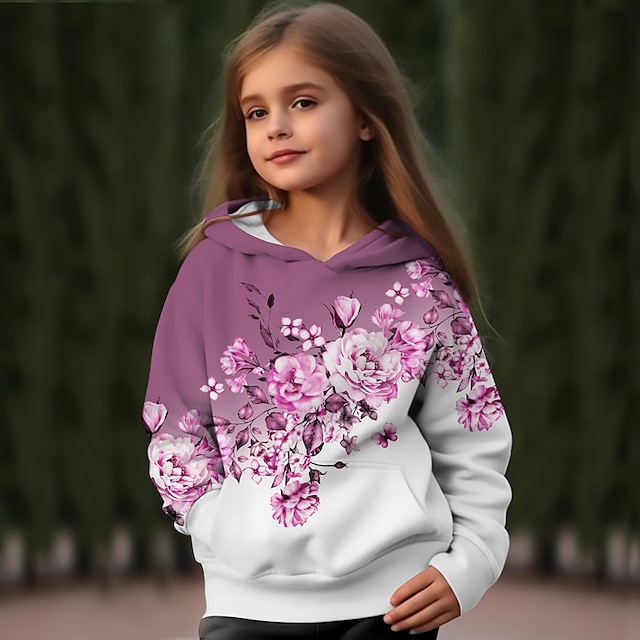  Dívčí 3D Květinový Kapuce Pullover Růžová Dlouhý rukáv 3D tisk Podzim Zima Aktivní Módní Roztomilý Polyester Děti 3-12 let Venkovní Ležérní Denní Běžný