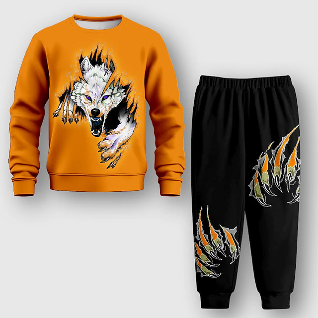 Boys 3D Wolf Sweatshirt & Sweatpants Set Set Long Sleeve 3D Printing Fall Winter Active Fashion Cool Kids 3-12 Years Crew Neck Outdoor Vacation Street Regular Fit 8