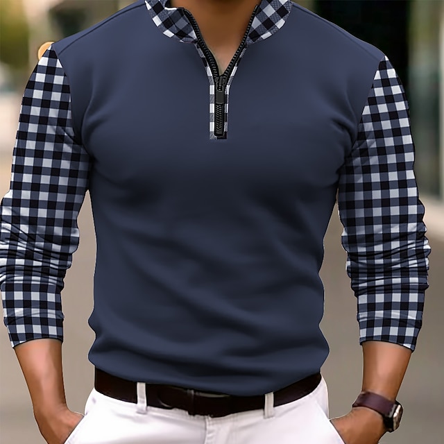  Men's Polo Shirt Quarter Zip Polo Lapel Work Daily Wear Fashion Comfortable Long Sleeve Zip Up Color Block Plaid / Check Regular Fit Spring &  Fall Black Navy Blue Orange Polo Shirt