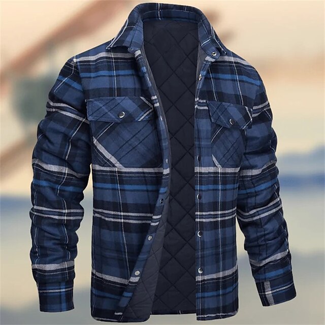  Men's Shirt Jacket Padded Shacket Classic Style Business Casual Regular Basic Warm Fall Winter Plaid Check Burgundy Dark Navy Sky Blue Black White Puffer Jacket
