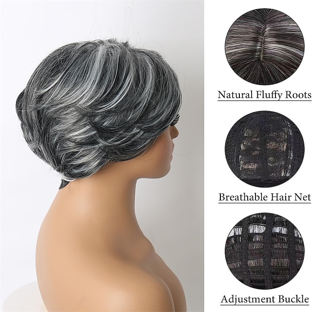 Short Dark Gray Bob Wigs Wavy Layered Bob Wig with Curtain Bangs for ...