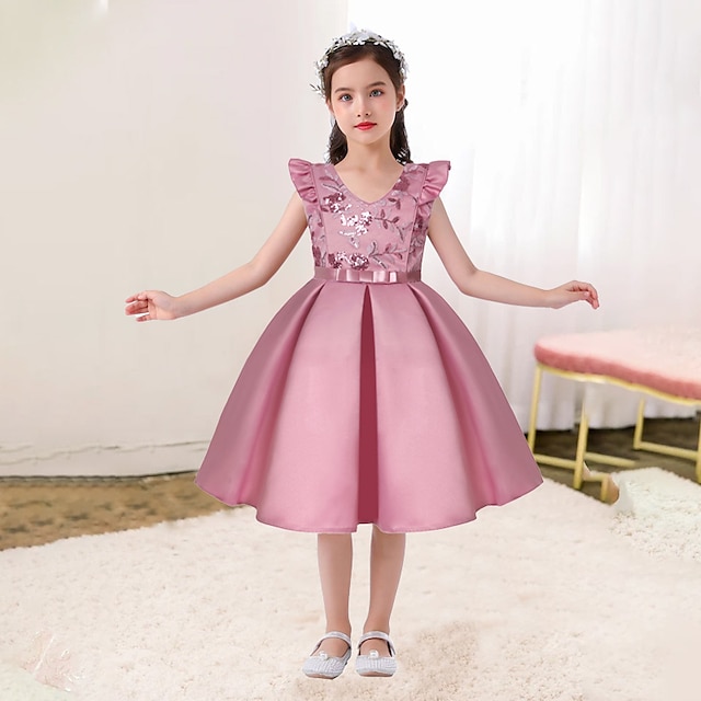  Kids Girls' Party Dress Solid Color Sleeveless Formal Performance Wedding Lace Adorable Daily Beautiful Cotton Midi Party Dress Floral Embroidery Dress Flower Girl's Dress Summer Spring Fall 3-10