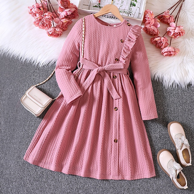  Kids Girls' Dress Solid Color Long Sleeve School Performance Wedding Ruched Button Adorable Daily Cotton Midi Casual Dress Spring Fall Winter 4-12 Years Pink