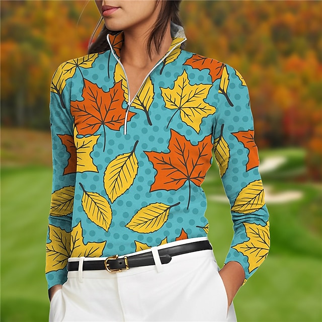  Acegolfs Women's Golf Polo Shirt Golf Shirt White Blue Khaki Long Sleeve Golf Apparel Golf Clothes Leaf Ladies Golf Attire Clothes Outfits Wear Apparel