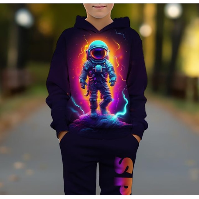  Dla chłopców 3D Astronauta Bluza z kapturem i spodnie Zestaw z kapturem Komplet odzieży Długi rękaw drukowanie 3d Jesień Zima Aktywny Moda Nowoczesne Poliester Dzieci 3-12 lat Na zewnątrz Ulica Urlop