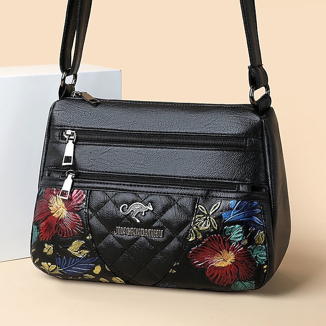  Women's Crossbody Bag Shoulder Bag Hobo Bag PU Leather Outdoor Daily Holiday Zipper Large Capacity Waterproof Lightweight Solid Color Flower Black