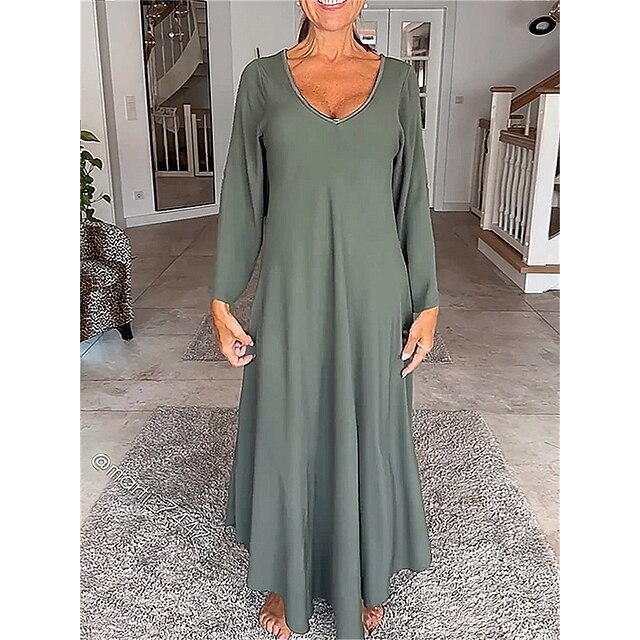  Women's Casual Dress Swing Dress Plain Dress Ruched Long Dress Maxi Dress Fashion Basic Daily Date Going out Long Sleeve V Neck Loose Fit 2023 Green Color S M L XL XXL Size
