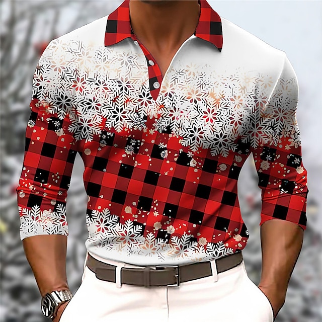  Plaid Snowflake Men's Casual Print 3D Golf Polo Outdoor Casual Daily Streetwear Polyester Long Sleeve Turndown Polo Shirts Red Green Fall & Winter S M L Micro-elastic Lapel Polo