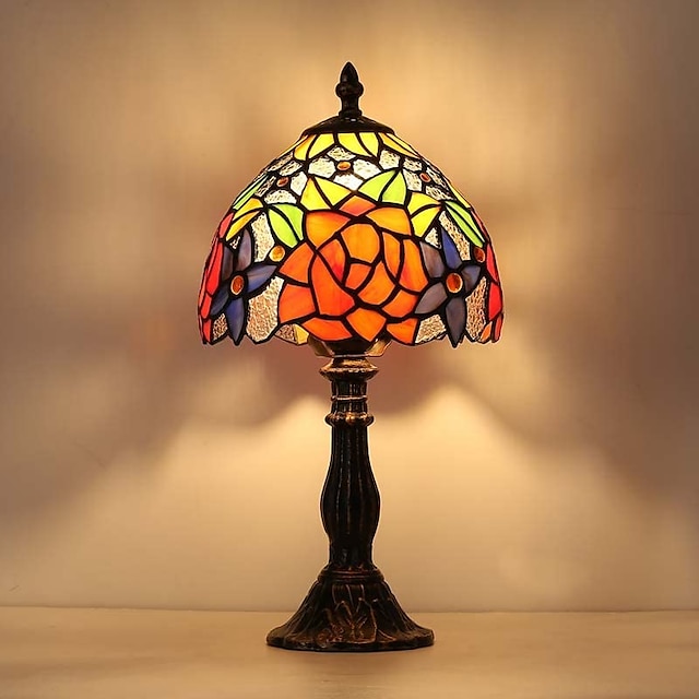  Lampe de table led rétro vintage baroque, abat-jour en verre mosaïque coloré, base de luxe e27 pour table de chevet, chambre à coucher, bureau