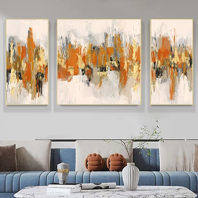  لوحة زيتية بأوراق ذهبية برتقالية جبلية تجريدية مجموعة من 3 لوحات فنية جدارية سكين لوحات نسيج المناظر الطبيعية على قماش جدار فني كبير ملفوف (بدون إطار)