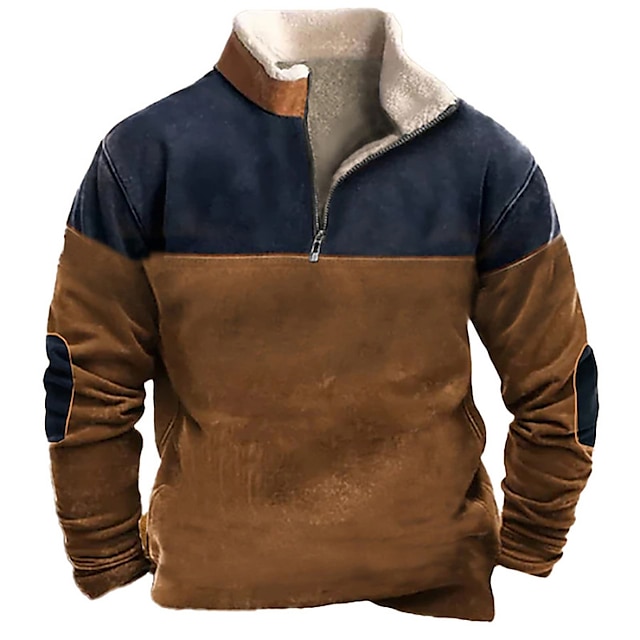 Men's Sweatshirt Zip Sweatshirt Brown Half Zip Color Block Patchwork ...