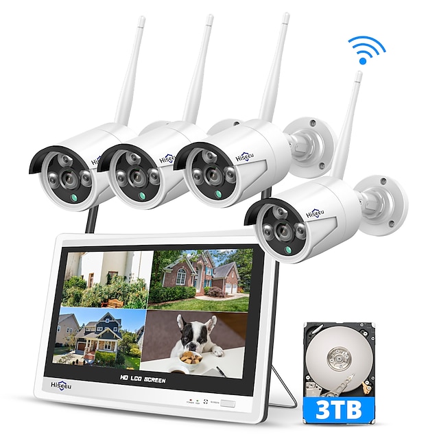  10CH Expandable 3MP Hiseeu All-in-One Security System with 12 LCD Monitor Wireless 4K Dual WiFi NVR 4pcs 3MP Outdoor Bullet Cameras Night Vision Waterproof for Home or Business