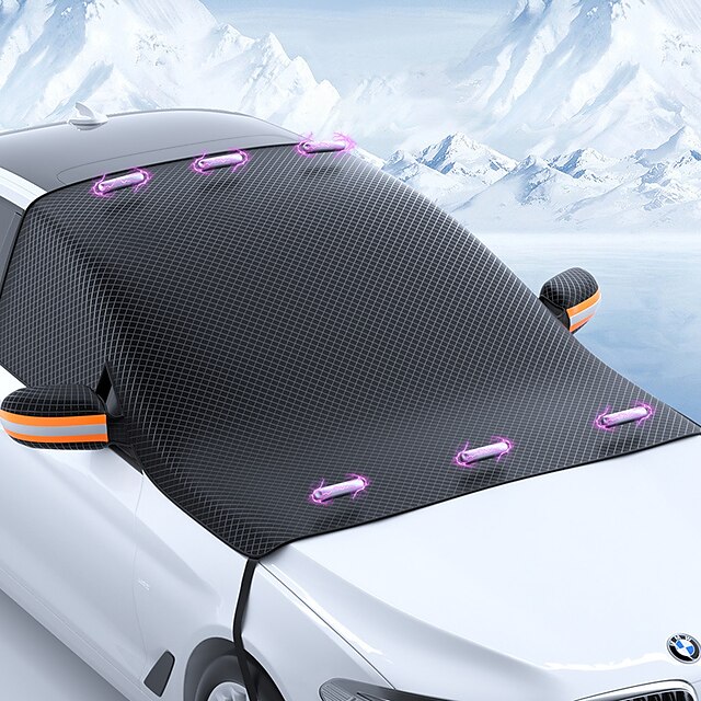  Upgraded Windshield Cover Magnet Sun Shade Waterproof Snowproof Car Front Window Sun Protection Cover With Reflective Strip & Windproof Fixing Belt