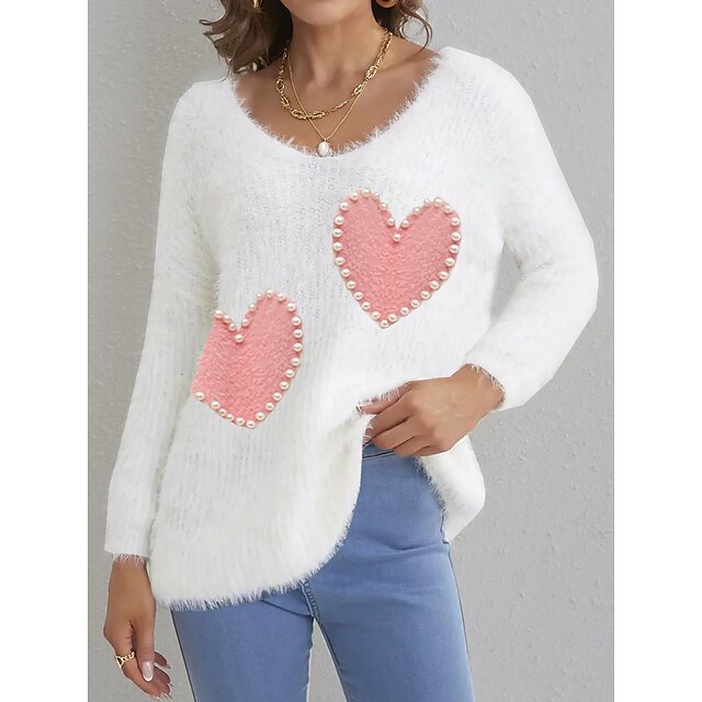  Women's Pullover Sweater Jumper Jumper Fuzzy Knit Oversized Regular Crew Neck Heart Daily Weekend Casual Fall Winter Beige S M L