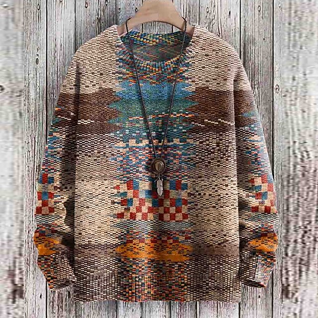  Tribal Geometry Gradual Retro Vintage Tribal Knitting Print Men's Outdoor Daily Vacation Pullover Sweater Jumper Long Sleeve Crewneck Sweaters Brown Khaki Beige Fall Winter S M L Sweaters